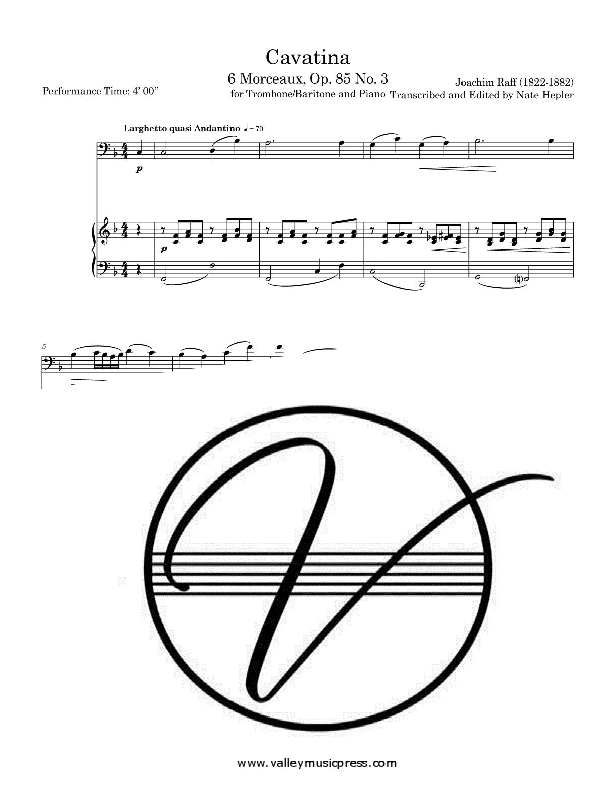 Raff - Cavatina - 6 Morceaux Op. 85 No. 3 (Trombone & Piano) - Click Image to Close