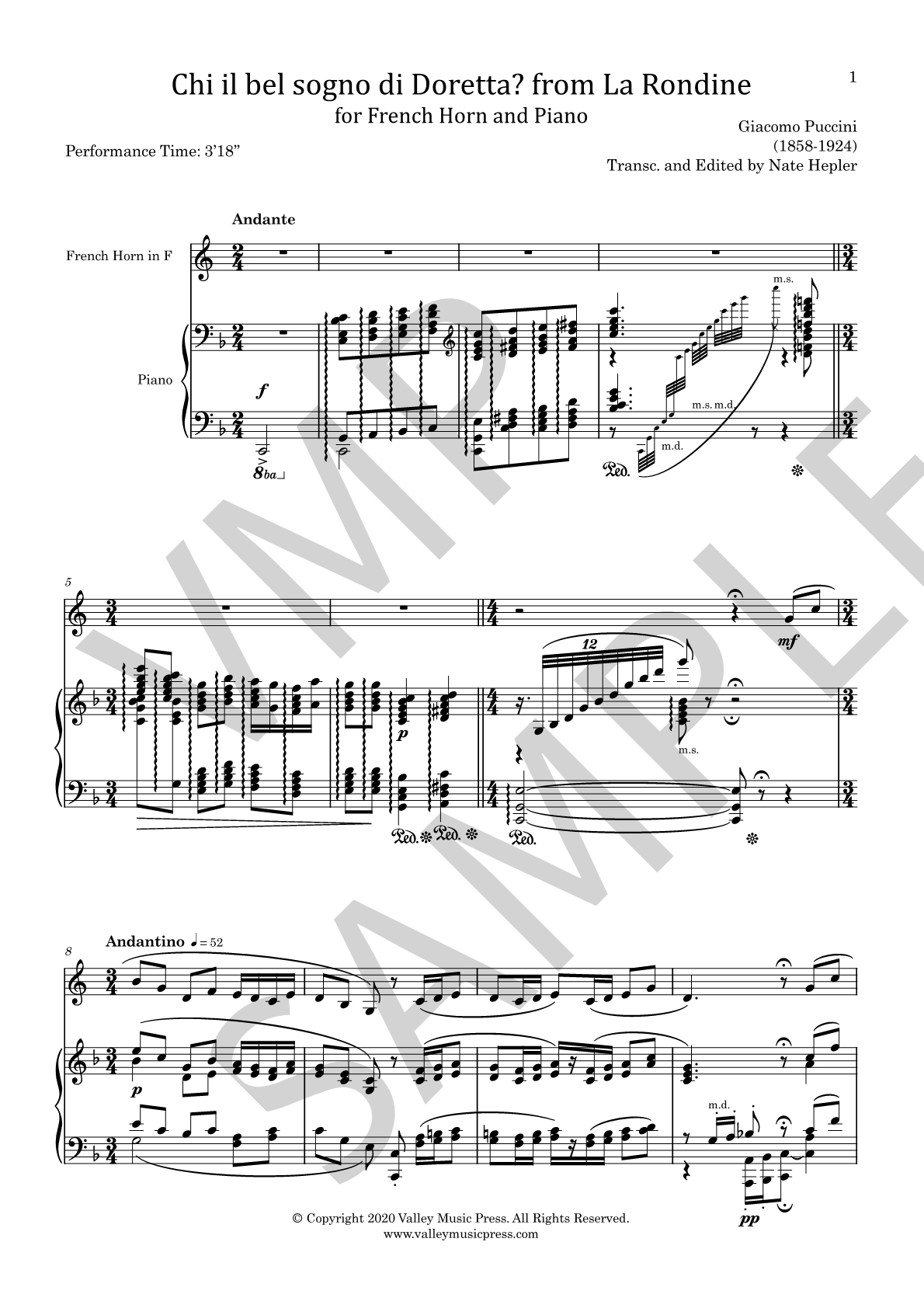 Puccini - Chi il bel sogno from La Rondine (Hrn & Piano) - Click Image to Close