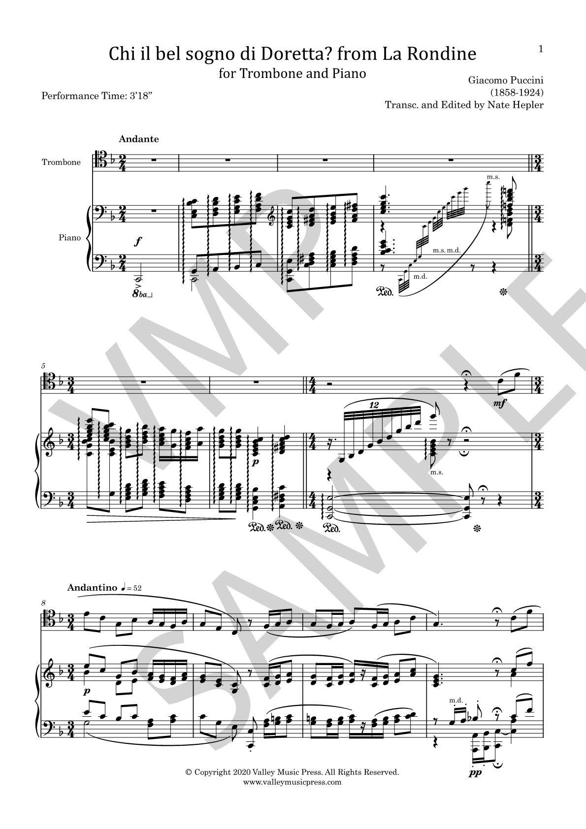 Puccini - Chi il bel sogno from La Rondine (Trb & Piano)