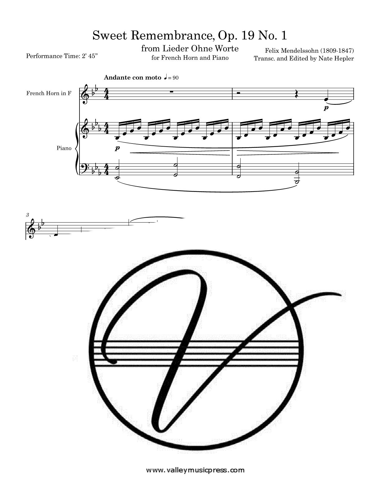 Mendelssohn - Lieder Ohne Worte Sweet Remembrance N1 (Hrn & Pno) - Click Image to Close
