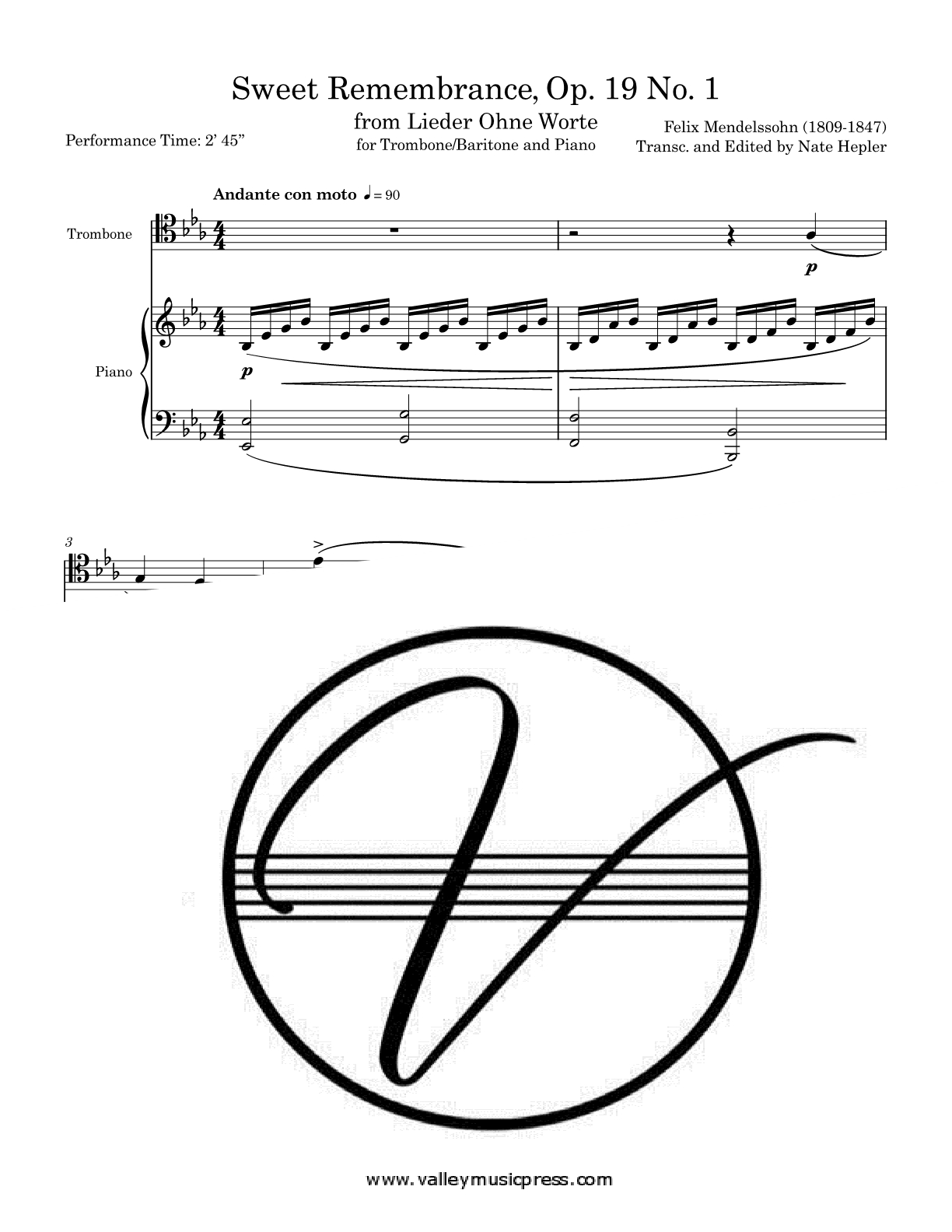 Mendelssohn - Lieder Ohne Worte Sweet Remembrance N1 (Trb & Pno) - Click Image to Close