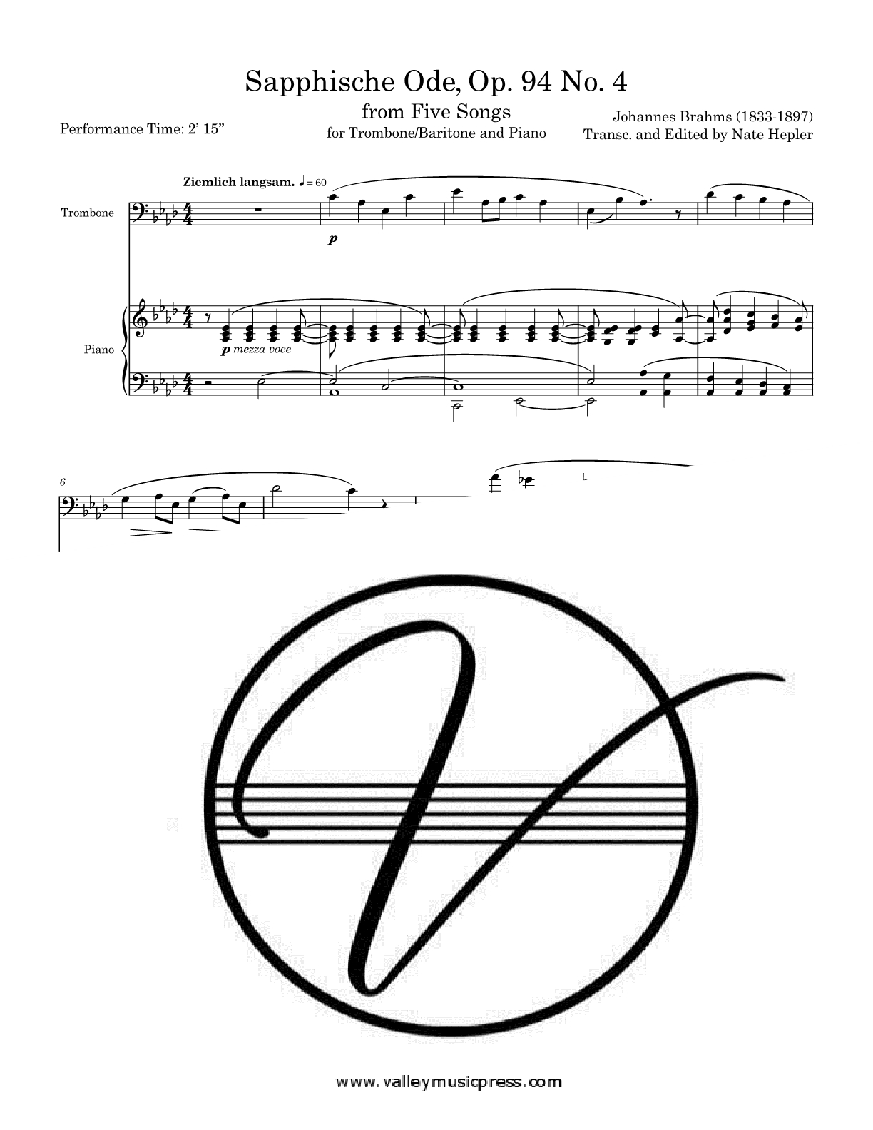 Brahms - Sapphische Ode Five Songs Op. 94 No. 4 (Trb & Piano)