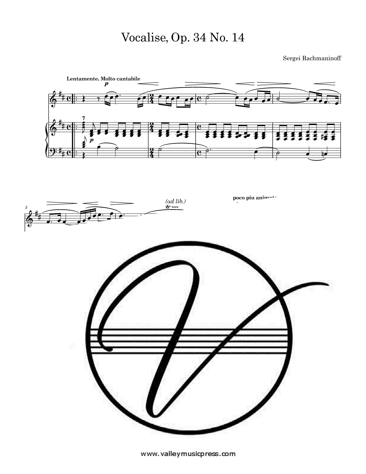 Rachmaninoff - Vocalise Op. 34 No. 14 (Voice) - Click Image to Close