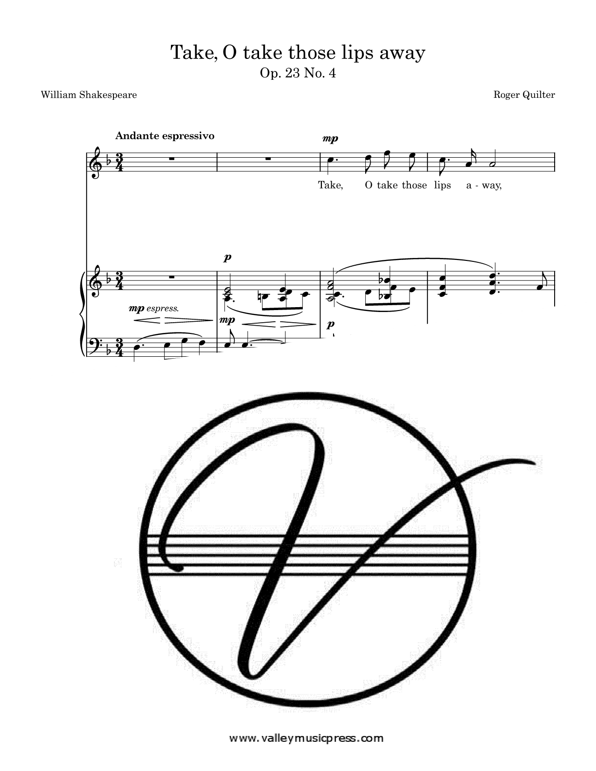 Quilter - Take, O take those lips away Op. 23 No. 4 (Voice) - Click Image to Close
