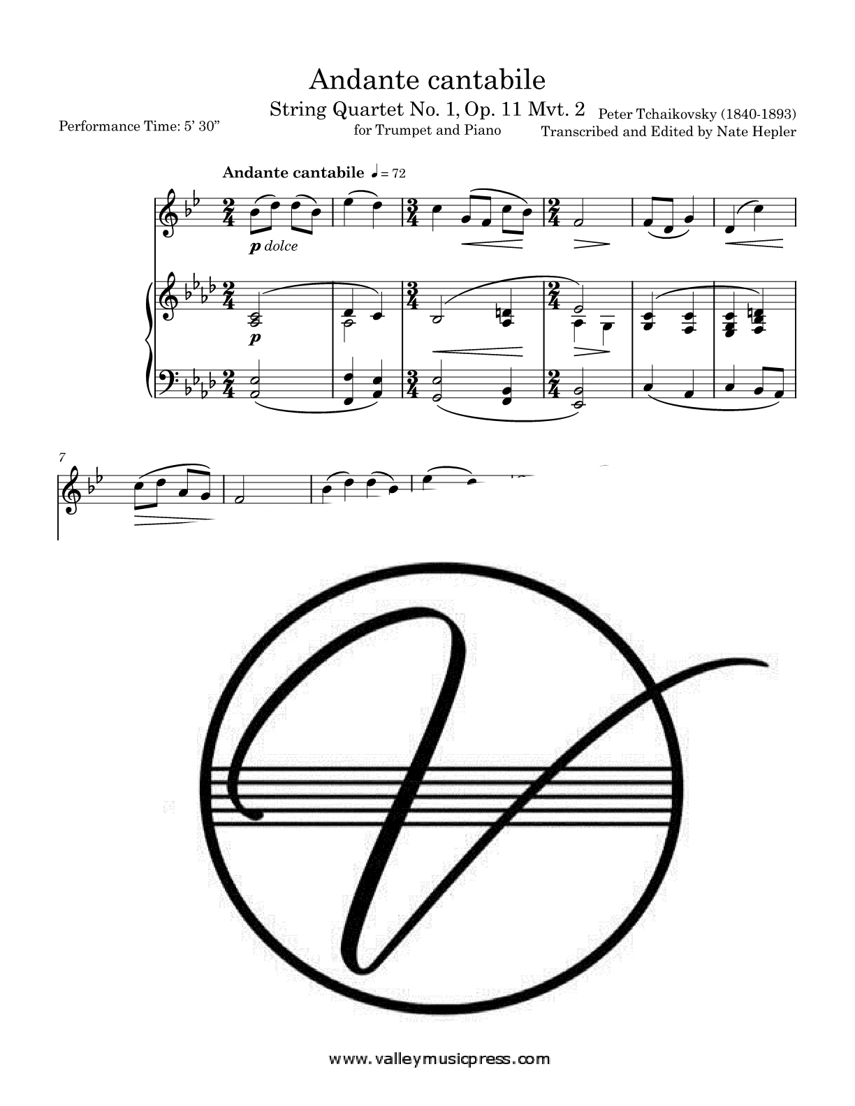 Tchaikovsky - Andante cantabile String Quartet N1 (Trp & Piano)