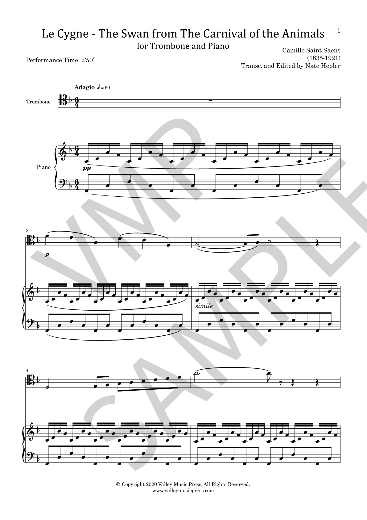 Saint-Saëns: Le Carnaval Des Animaux Le Cygne (The Swan) Euphonium/piano By  Camille Saint-Saëns Instrumental Duet Digital Sheet Music 