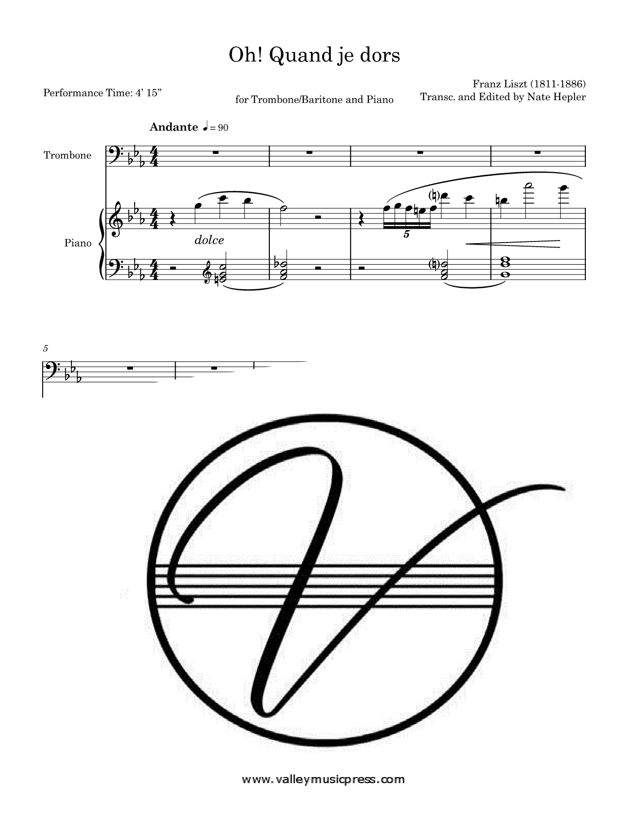 Liszt - Oh! Quand je dors (Trombone & Piano) - Click Image to Close