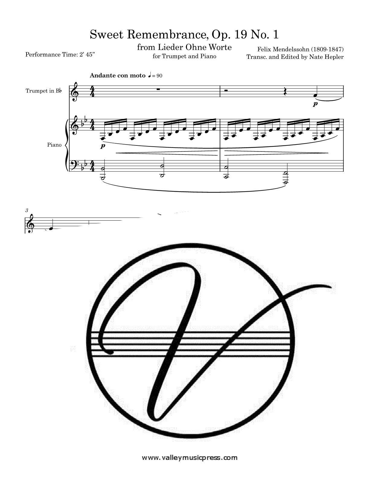 Mendelssohn - Lieder Ohne Worte Sweet Remembrance N1 (Trp & Pno) - Click Image to Close
