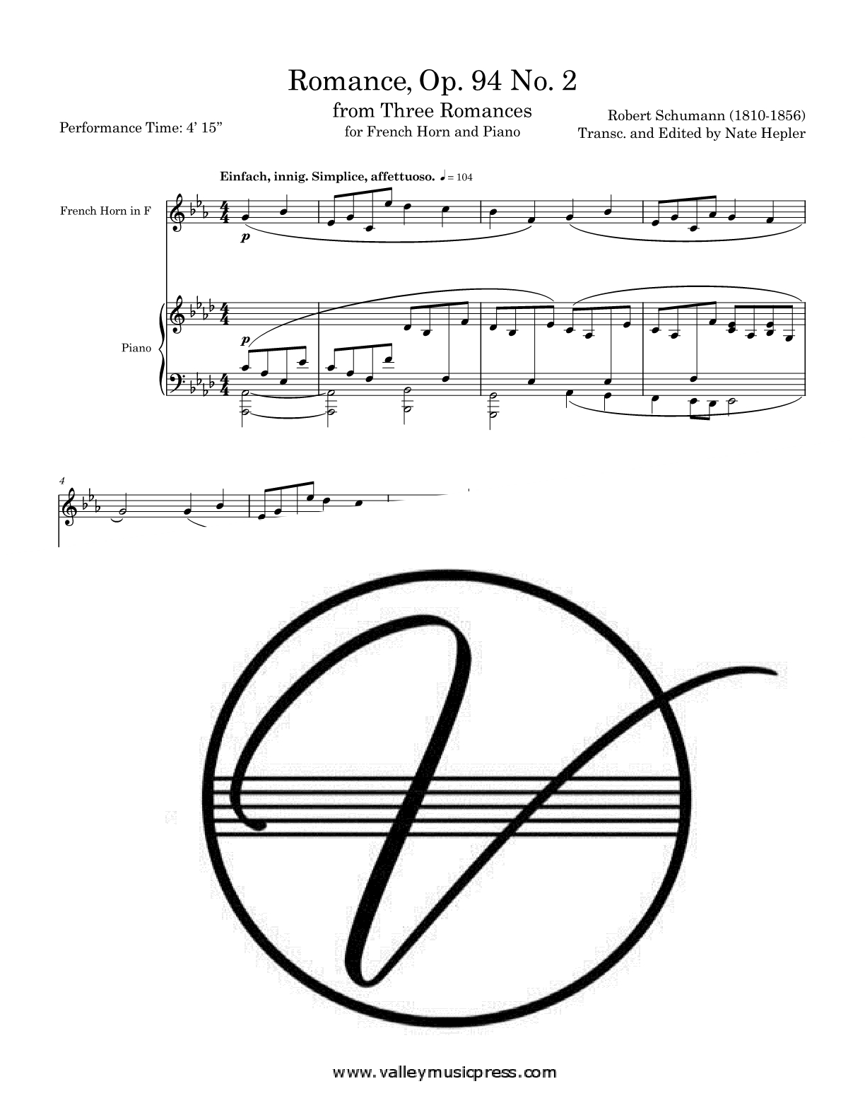 Schumann - Romance in A Major Op. 94 No. 2 (Horn & Piano) - Click Image to Close
