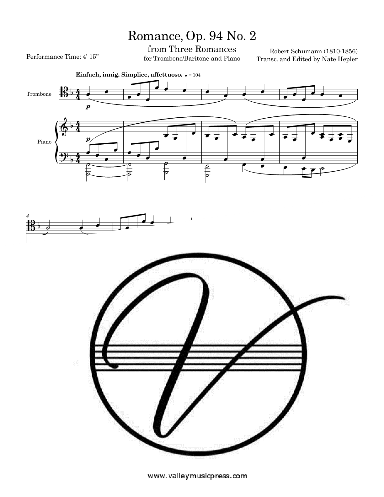 Schumann - Romance in A Major Op. 94 No. 2 (Trb & Piano) - Click Image to Close