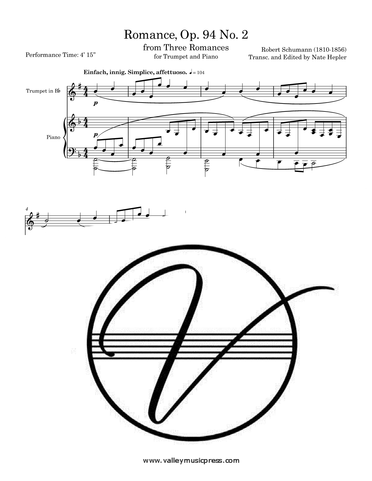 Schumann - Romance in A Major Op. 94 No. 2 (Trumpet & Piano)