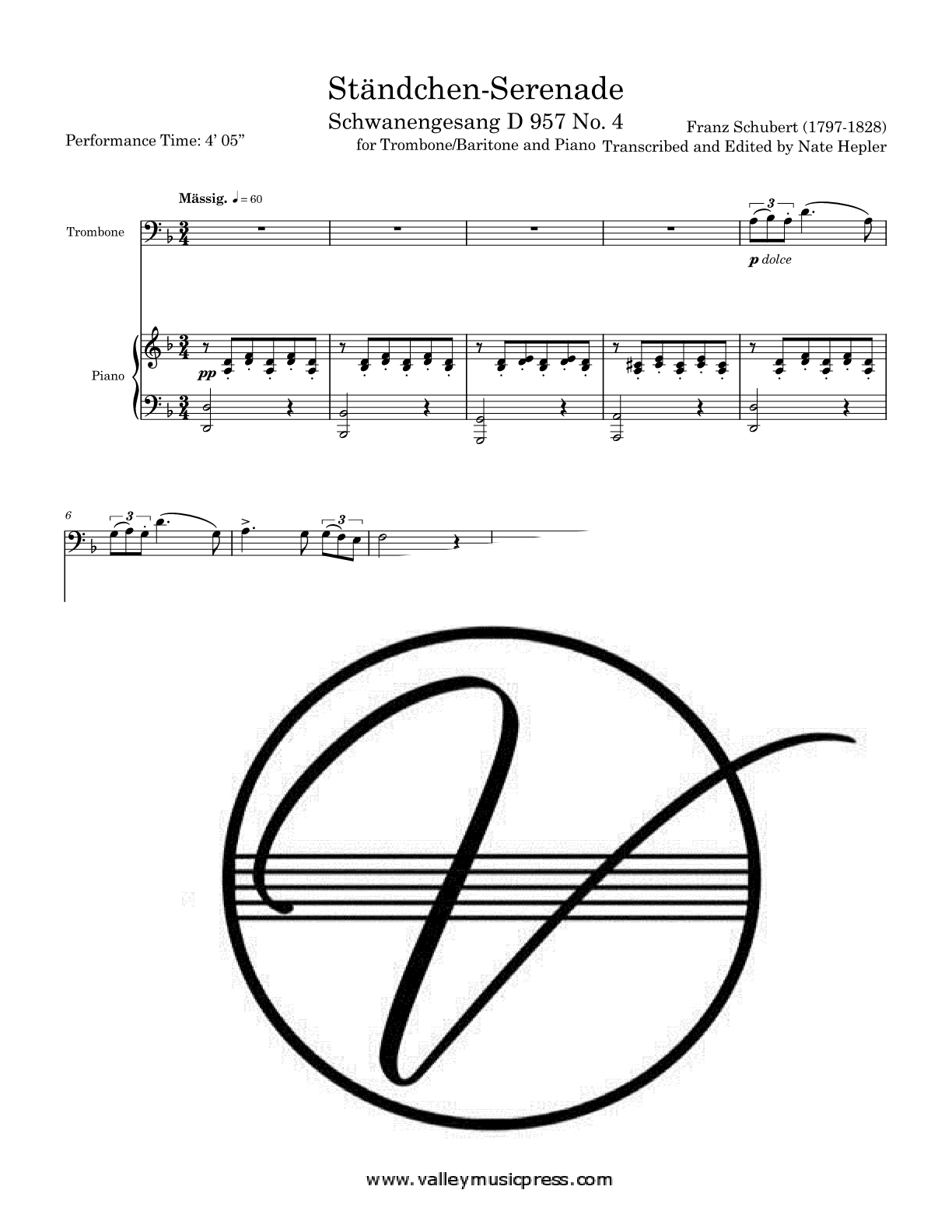 Schubert - Standchen Serenade Schwanengesang No. 4 (Trb & Piano) - Click Image to Close