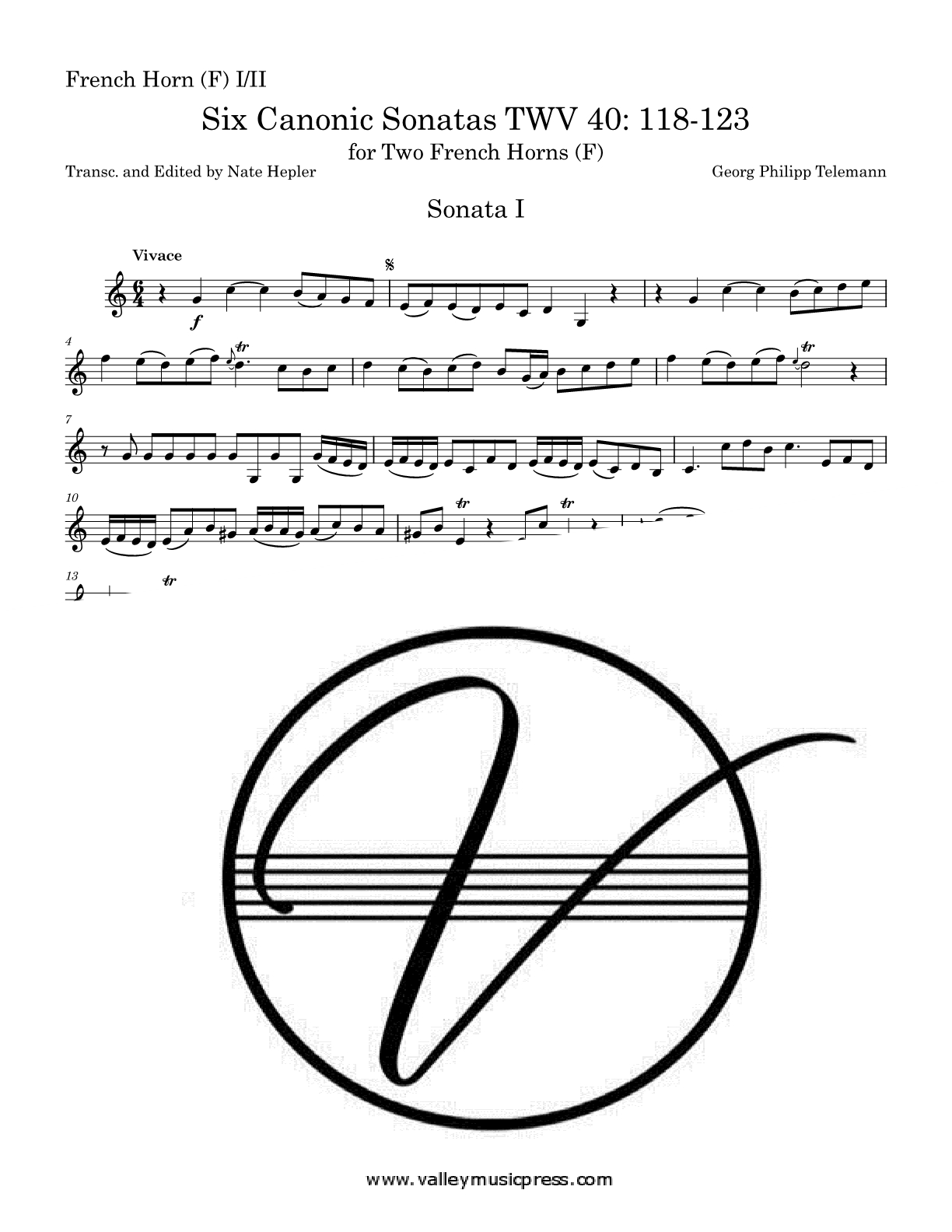 Telemann - Six (6) Canonic Sonatas Duets (French Horn Duets) - Click Image to Close