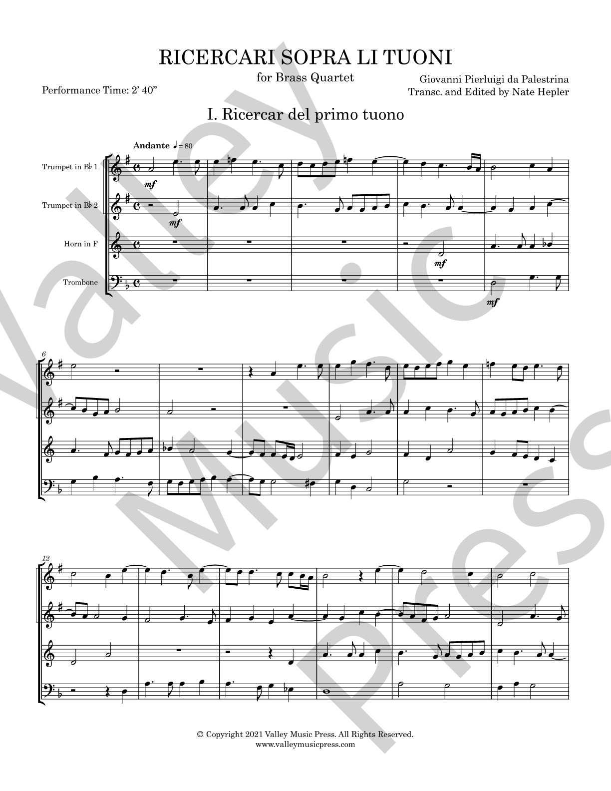 Palestrina - Ricercari sopra li Tuoni (All) (Brass Quartet)