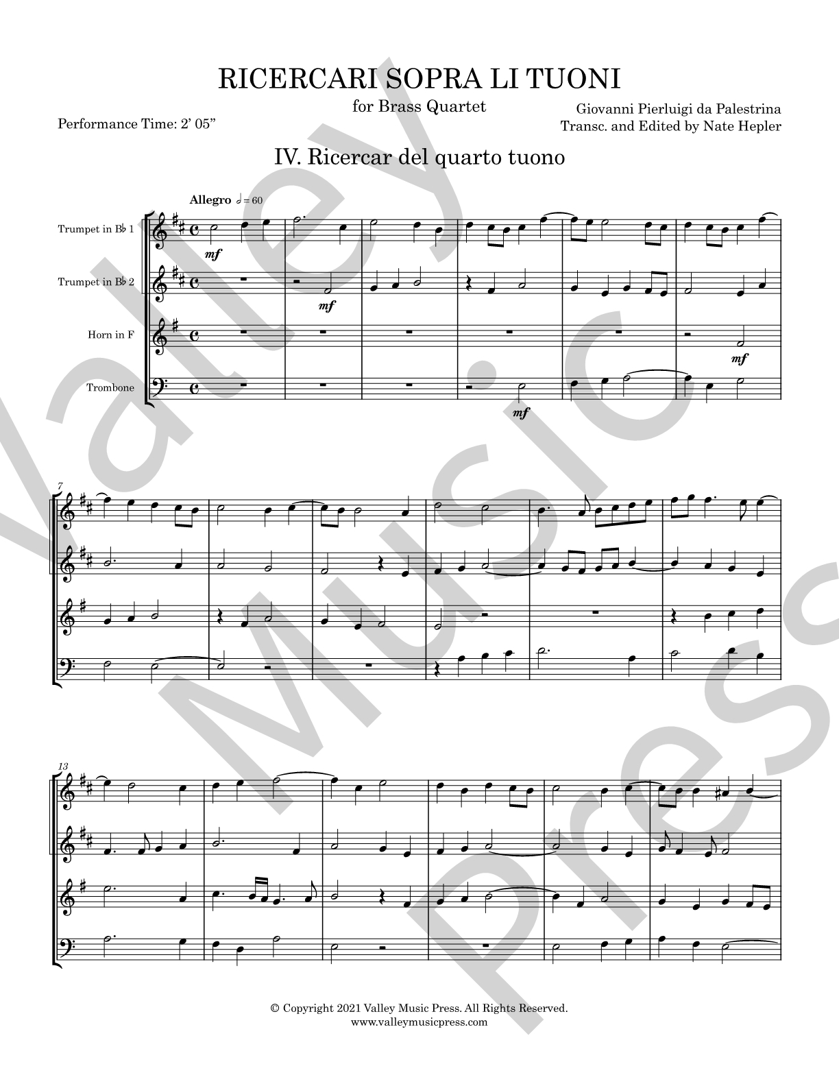Palestrina - Ricercar del quarto tuono (No. 4) (Brass Quartet) - Click Image to Close