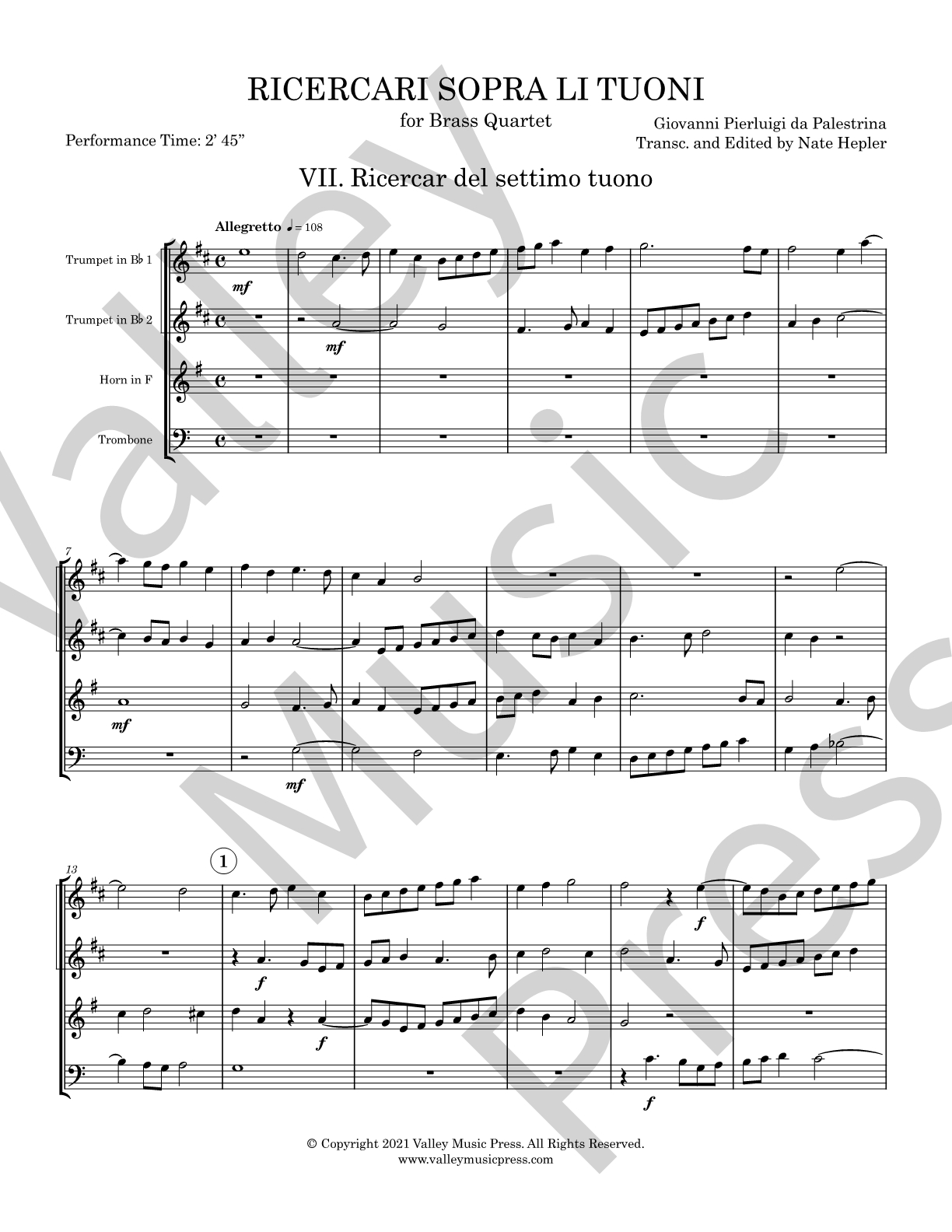 Palestrina - Ricercar del settimo tuono (No. 7) (Brass Quartet) - Click Image to Close