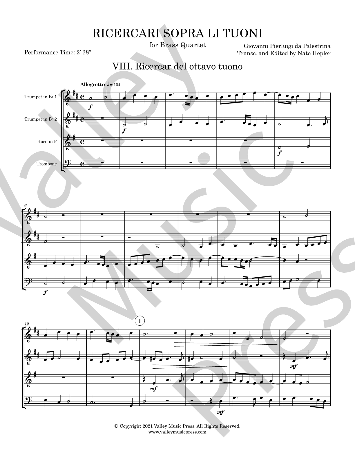 Palestrina - Ricercar del ottavo tuono (No. 8) (Brass Quartet) - Click Image to Close