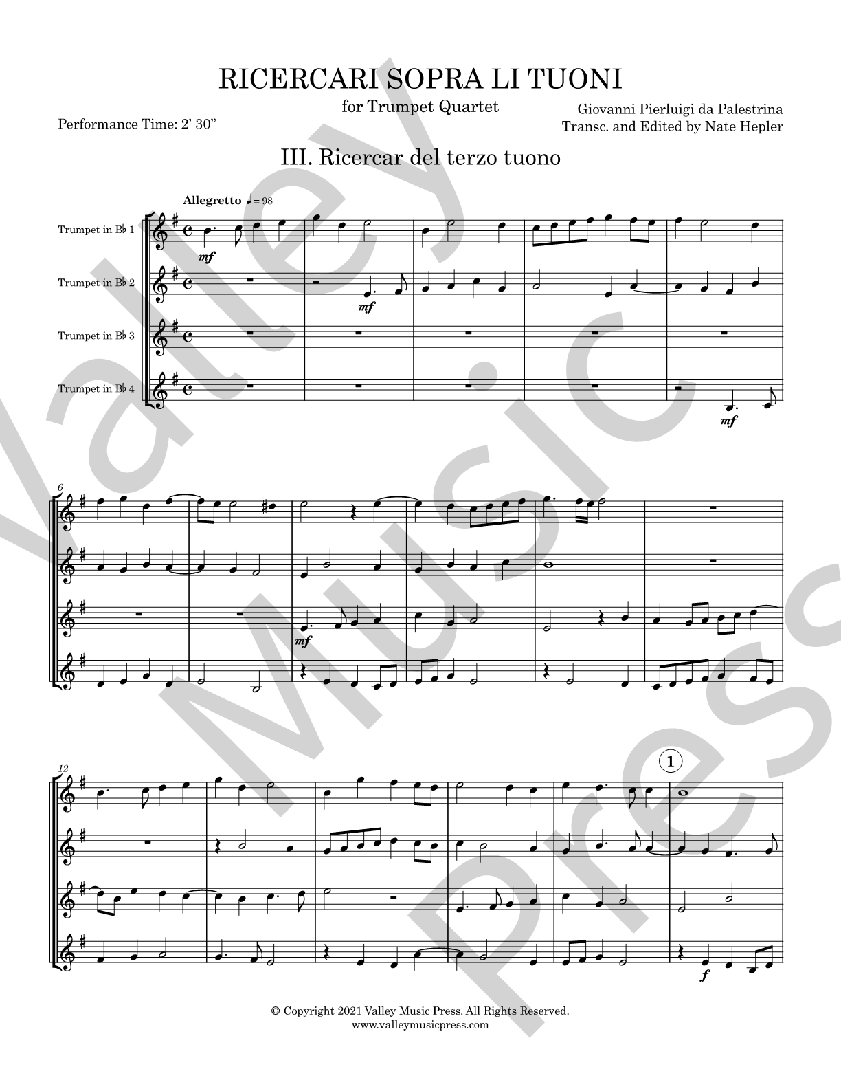 Palestrina - Ricercar del terzo tuono (No. 3) (Trumpet Quartet) - Click Image to Close