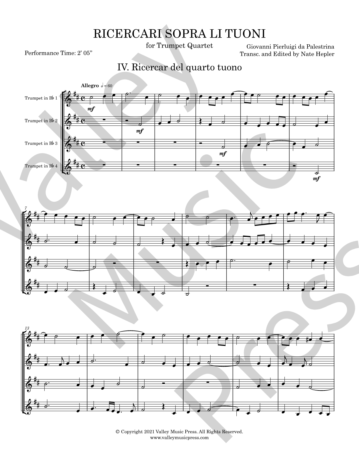 Palestrina - Ricercar del quarto tuono (No. 4) (Trumpet Quartet) - Click Image to Close