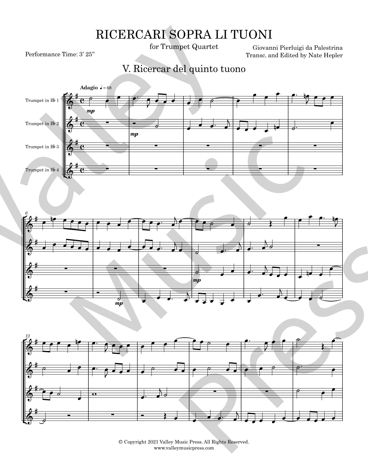 Palestrina - Ricercar del quinto tuono (No. 5) (Trumpet Quartet) - Click Image to Close