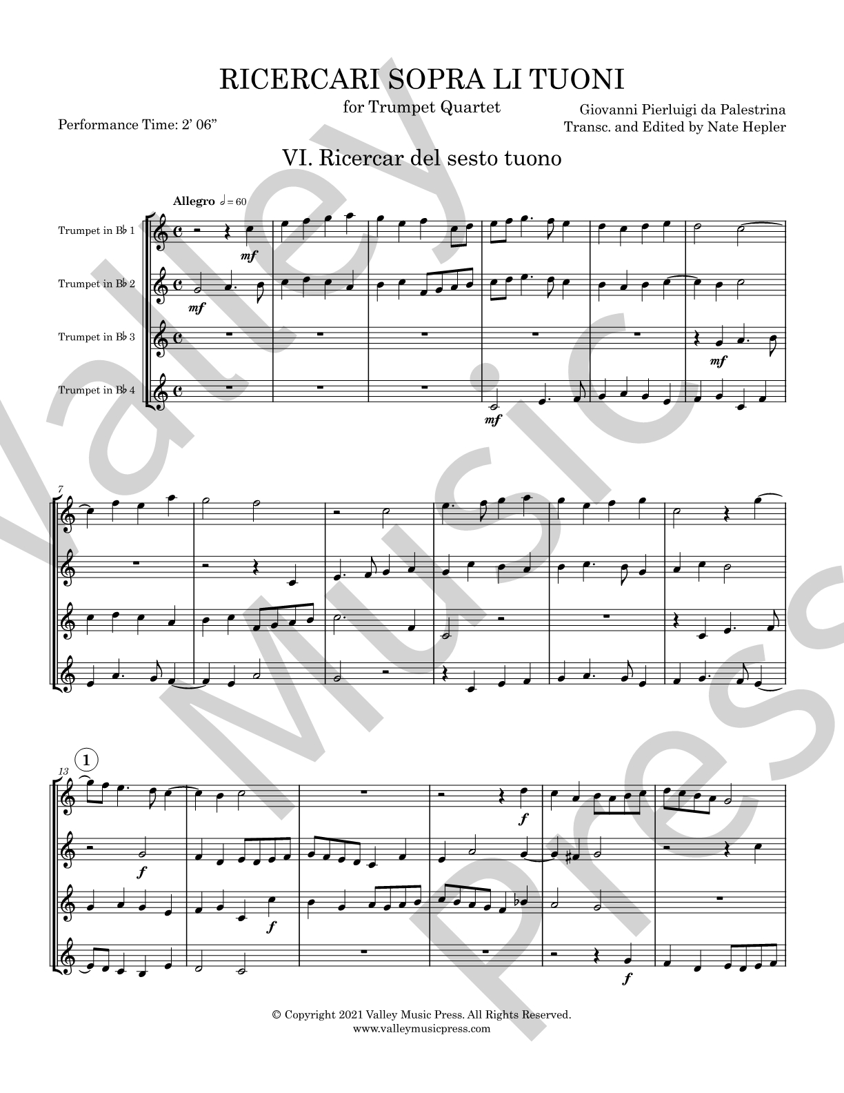Palestrina - Ricercar del sesto tuono (No. 6) (Trumpet Quartet) - Click Image to Close