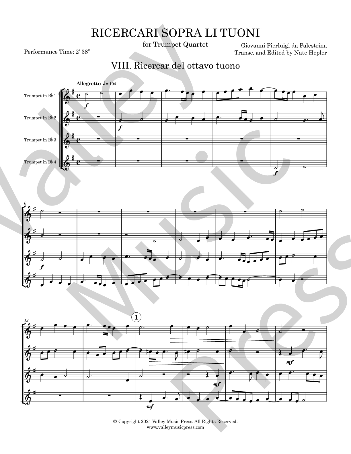 Palestrina - Ricercar del ottavo tuono (No. 8) (Trumpet Quartet) - Click Image to Close