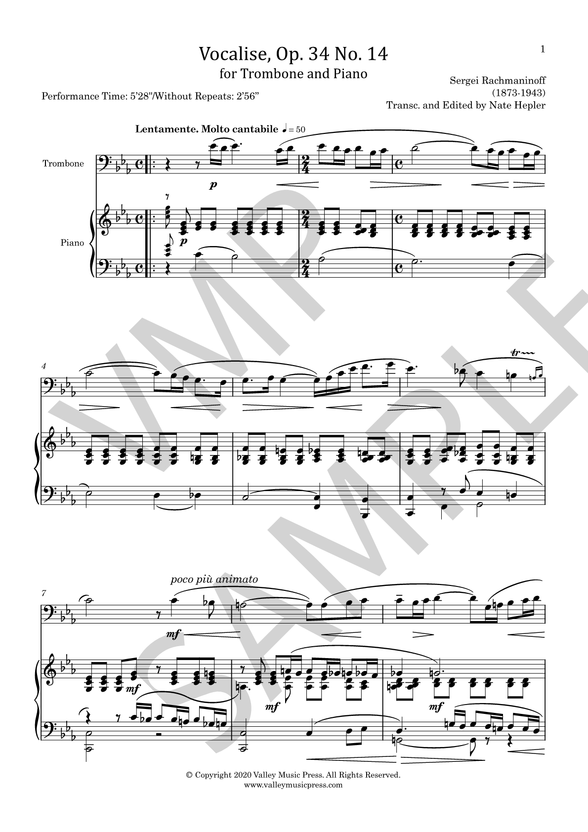 Rachmaninoff - Vocalise Op. 34 No. 14 (Trb & Piano) - Click Image to Close